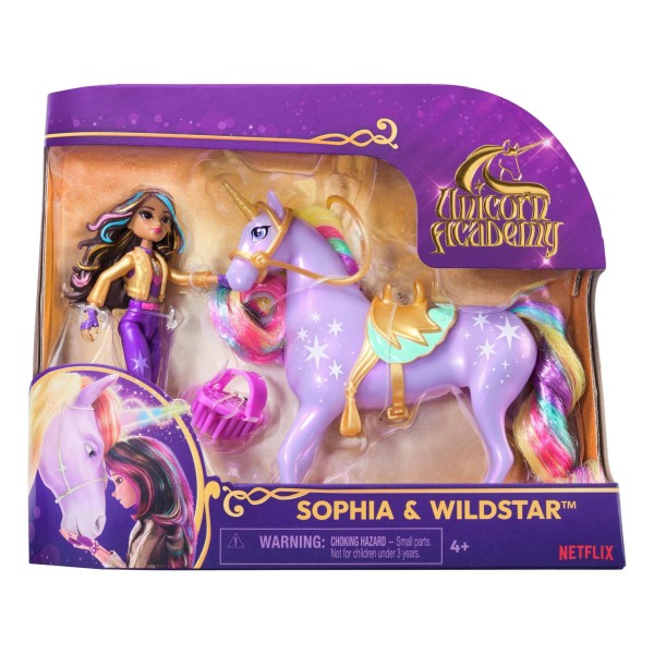 Unicorn Academy - Sophia & Wildstar met 2 rijaccessoires en borstel - Speelfigurenset